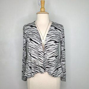 Dunla Black White Zebra Animal Print Open Front Knit Cardigan Topper Shrug, M